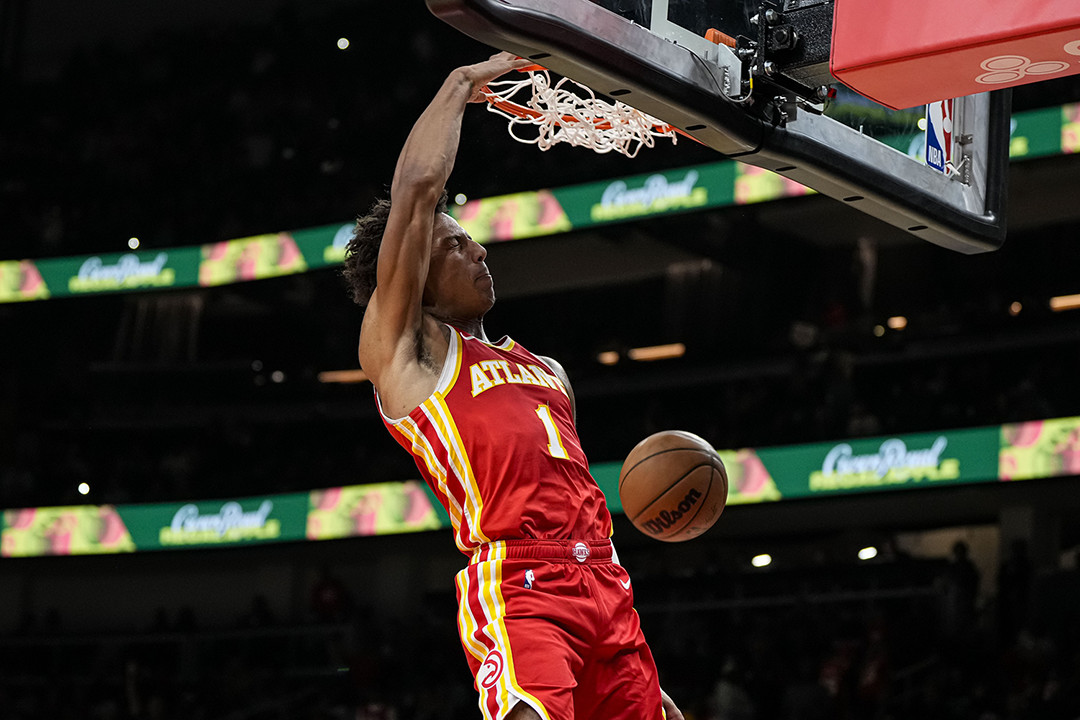 Atlanta Hawks forward Jalen Johnson dunks 
